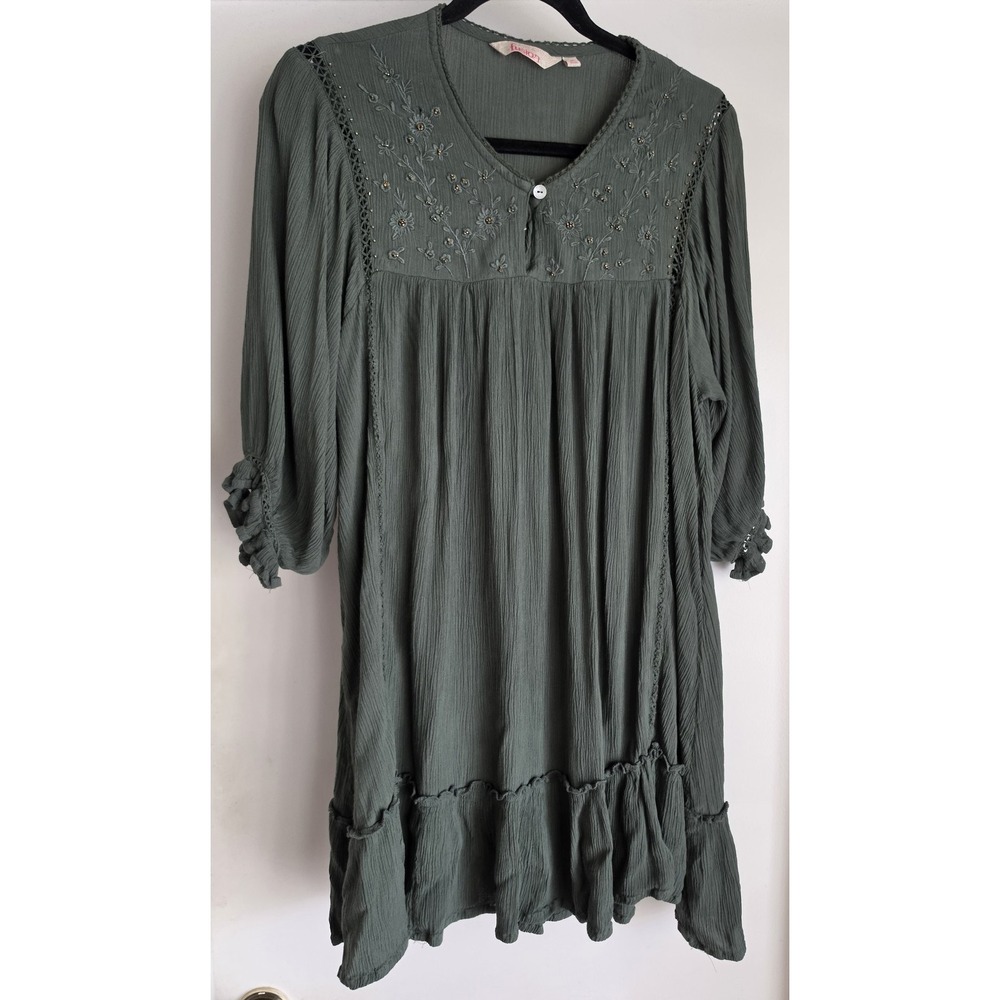 Fusion Midi Dress Women M Green Floral 3/4 Sleeve Boho Beaded Flowy